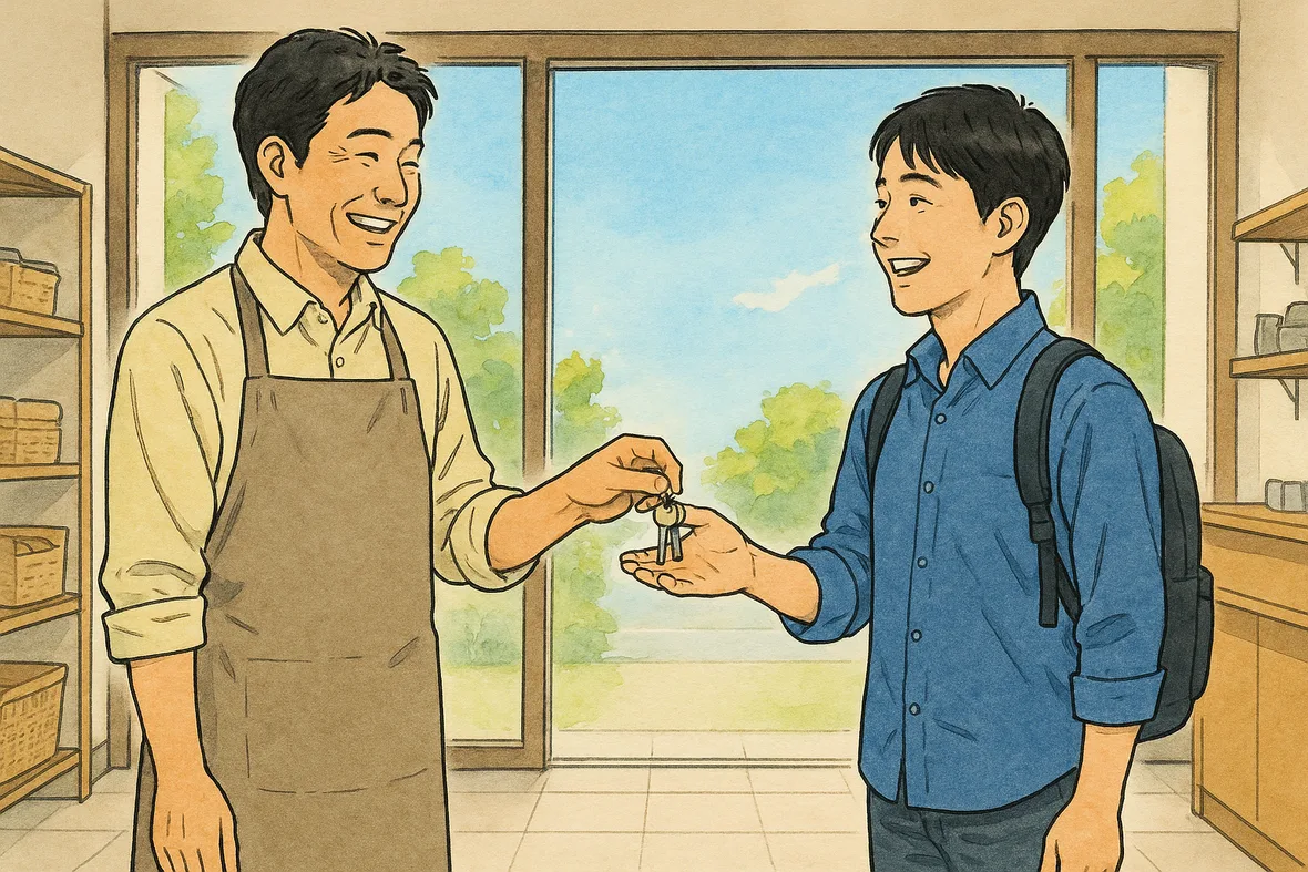 店主が後継者に鍵を渡しているイラスト